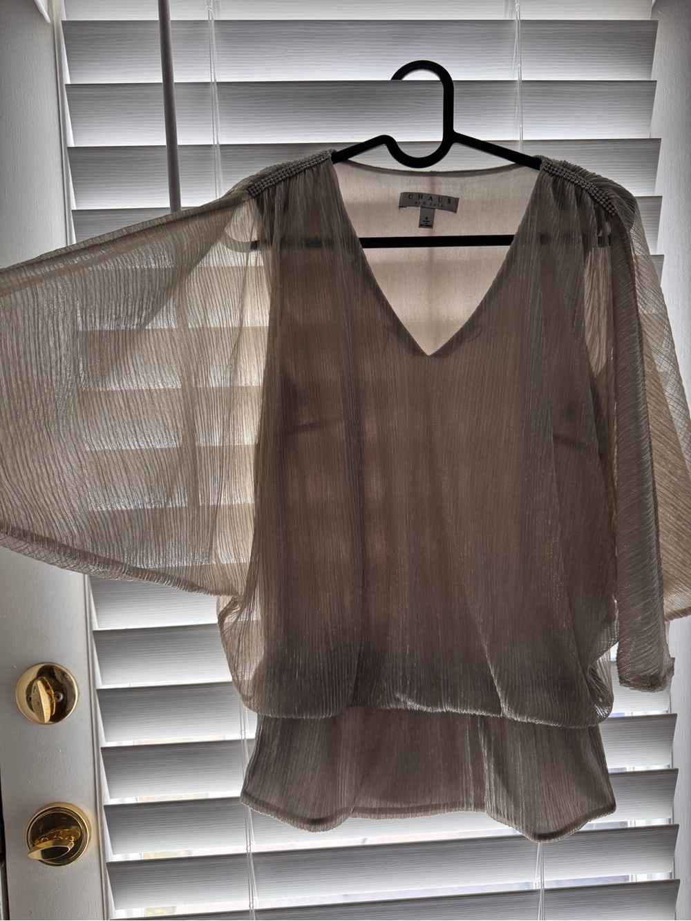 Chaus Taupe Sheer Pleated V-Neck Blouson Top